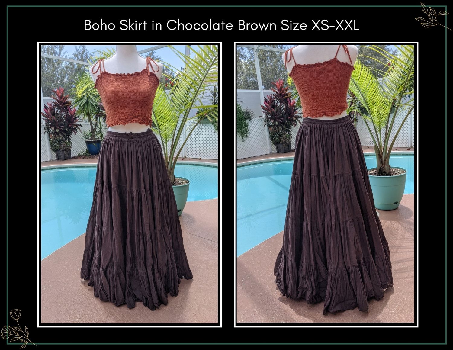 Chocolate brown boho maxi skirt shown in two poses, available in sizes XS-XXL, paired with a rust crop top.