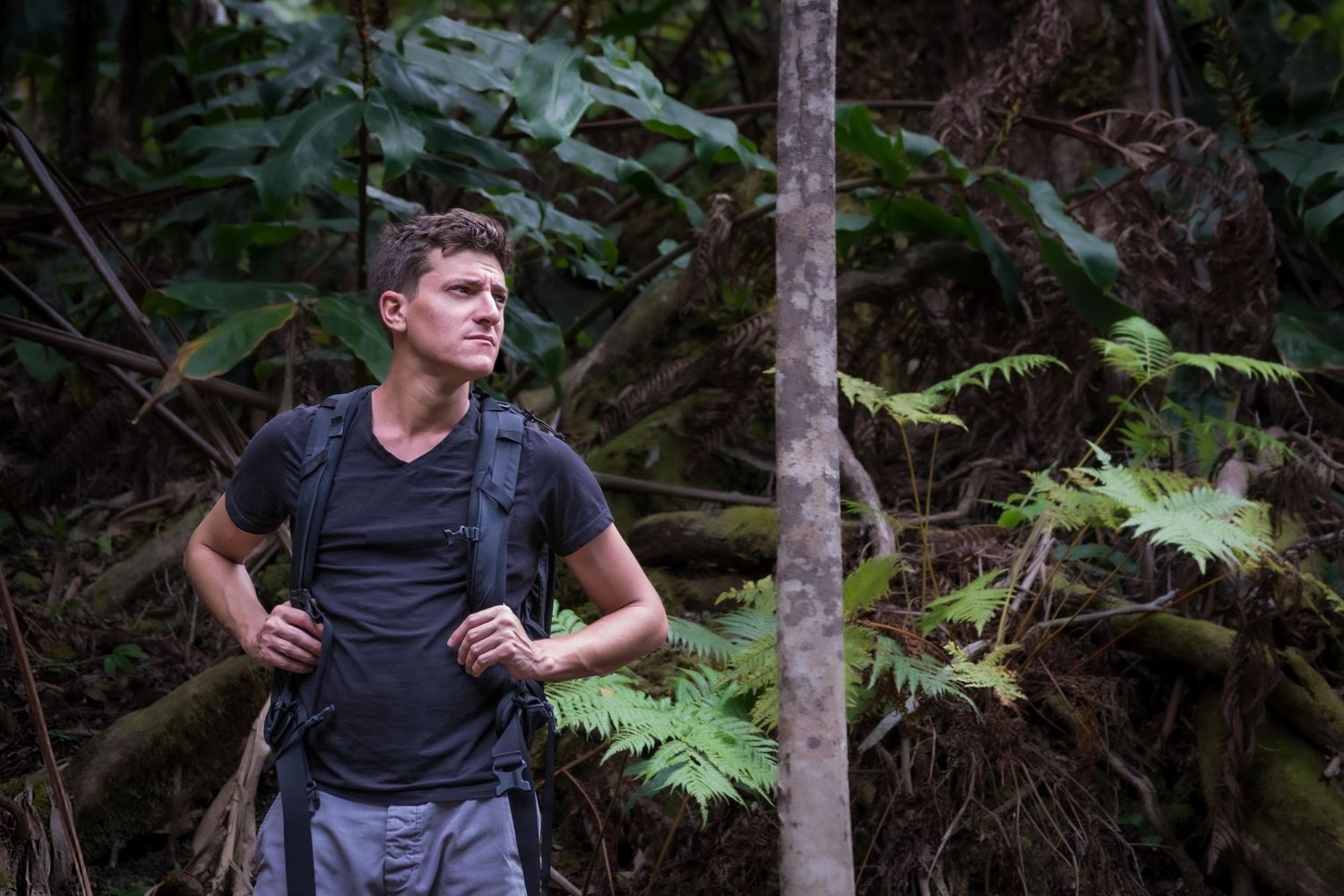 Man in jungle hiking near Hilo, Hawaii