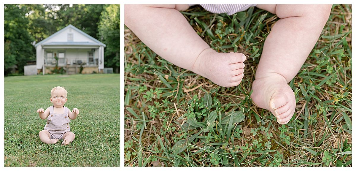 baby posed on grassy lawn in front of house, baby feet, chattanooga headshot photographer near me