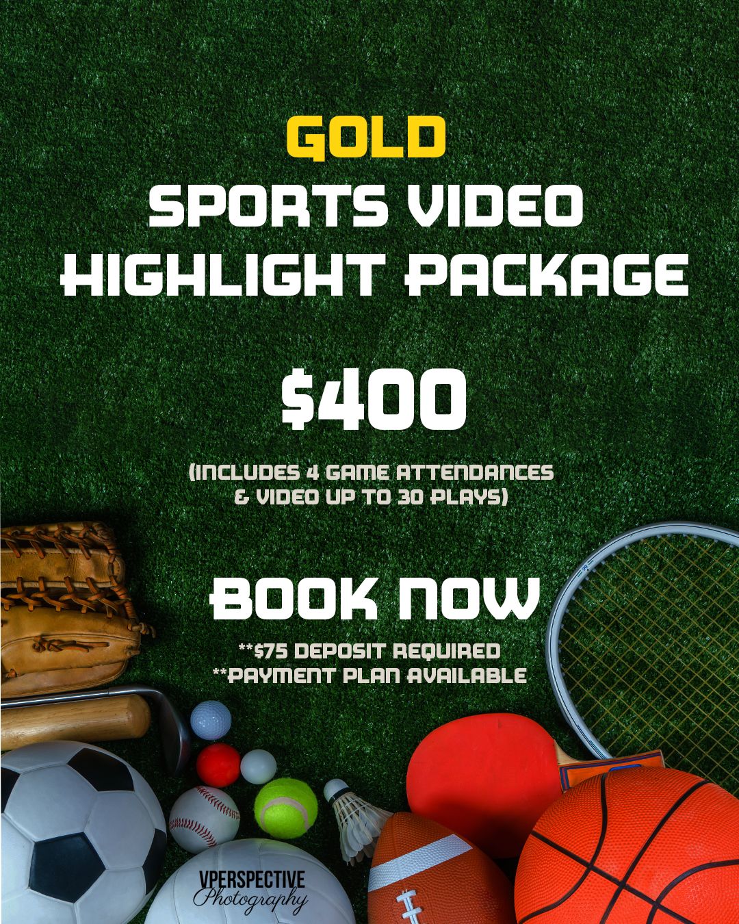 Gold sports video package promotional graphic with various sports balls.