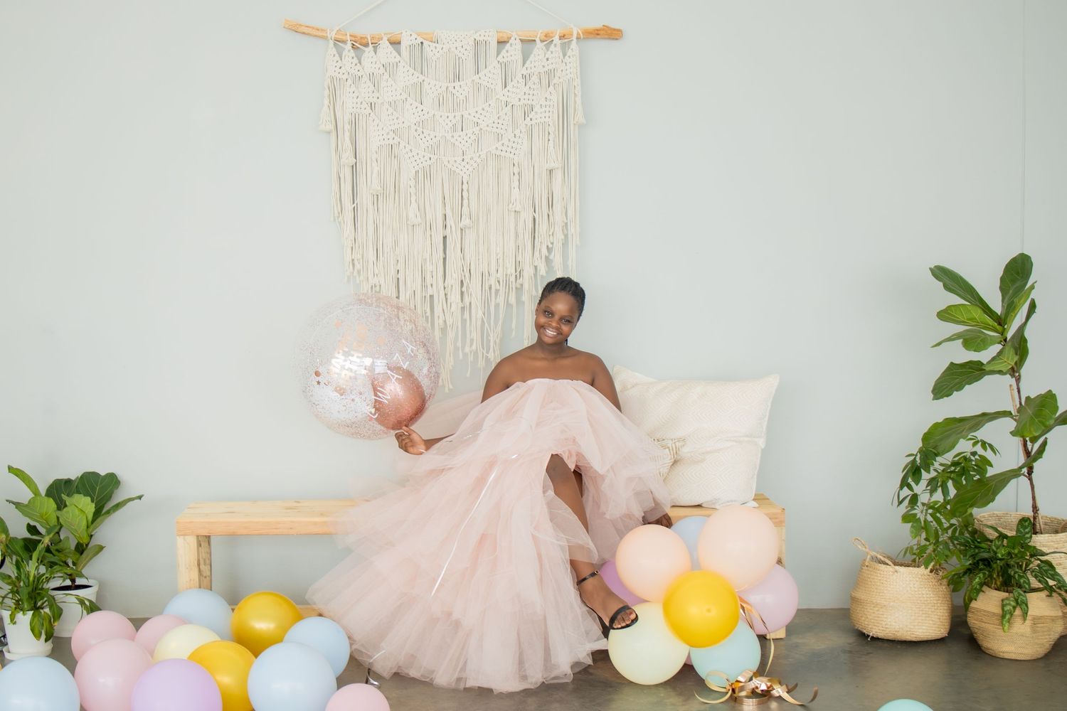 Birthday portrait session with balloons in Centurion featuring elegant styling and joyful celebration atmosphere