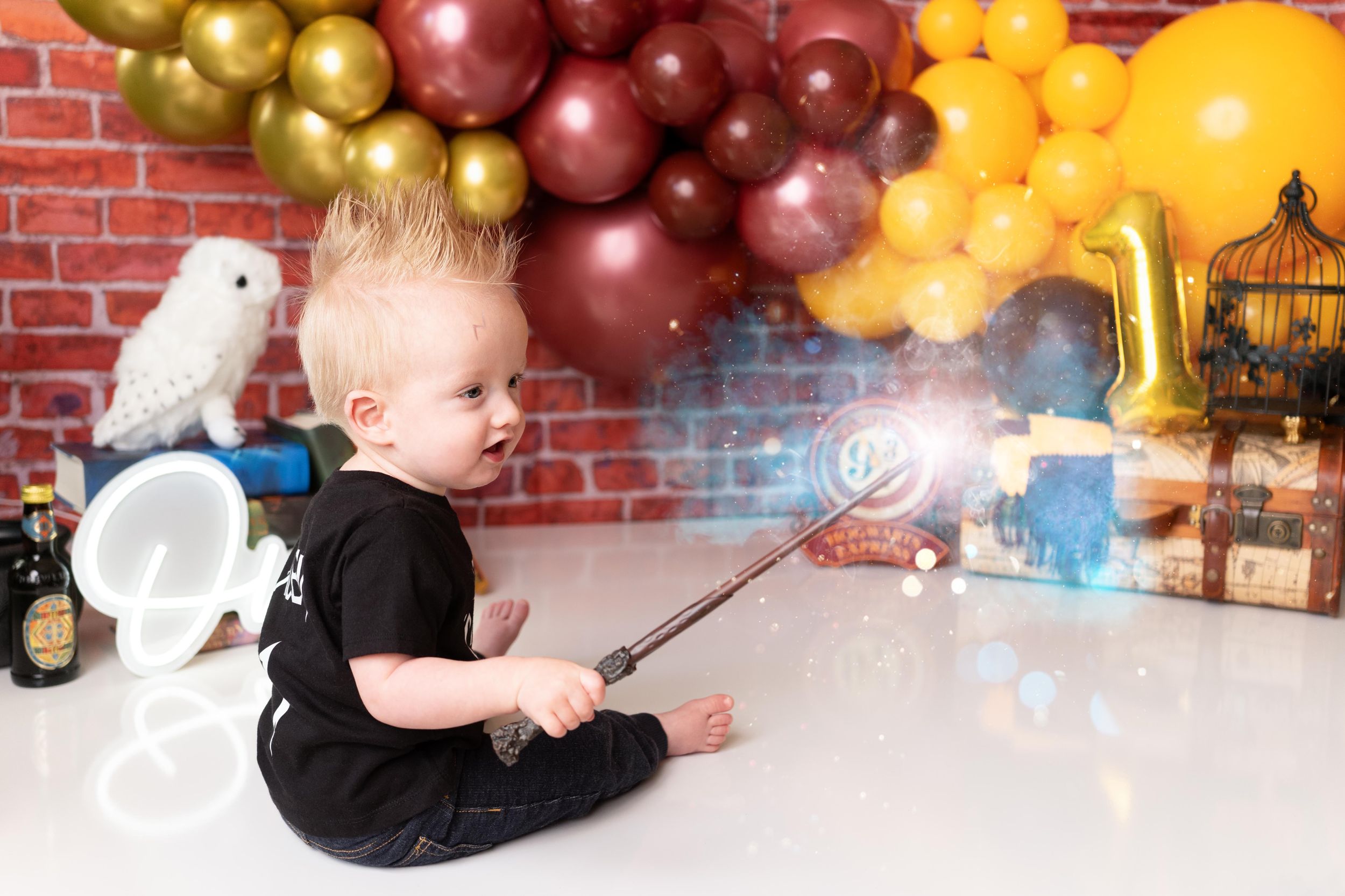 Harry Potter themed first birthday party setup with magical decorations and brick wall background.