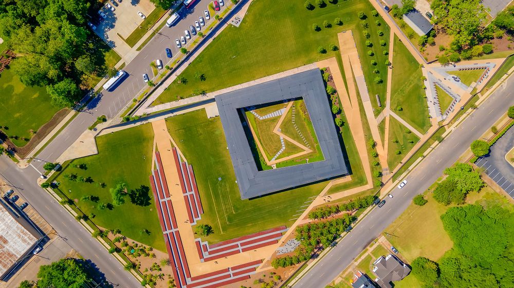 Top-down view of a baseball field featuring distinctive geometric patterns and walkways.