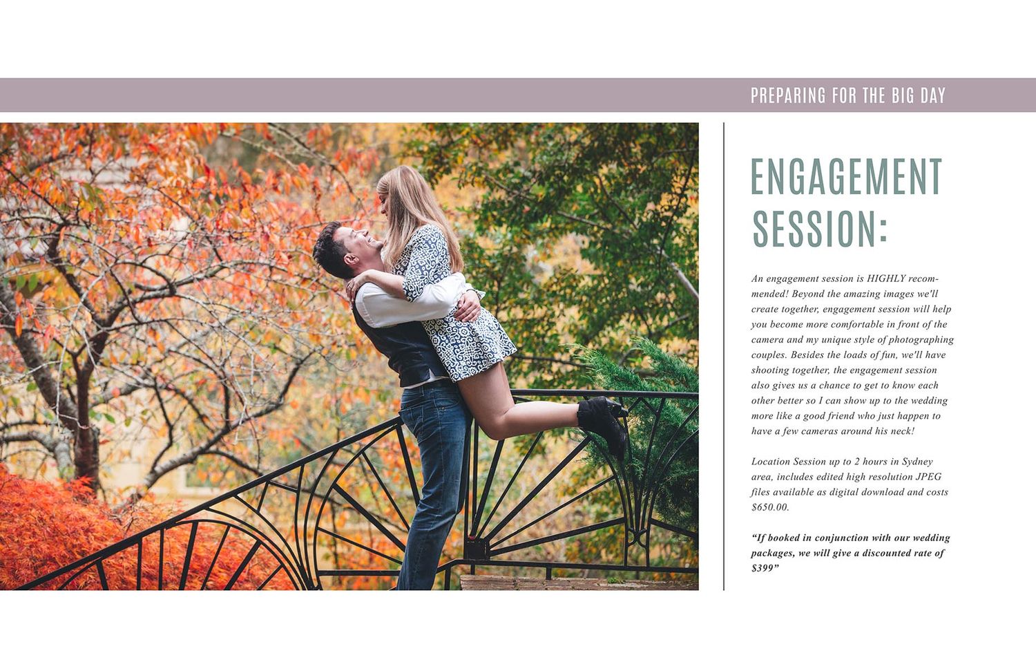 Wedding photography website featuring autumn engagement photos with orange foliage.