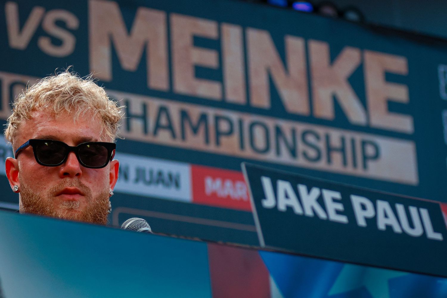 Jake Paul speaks at the press conference ahead of his upcoming boxing match on March 2, 2024, at the Coliseum of Puerto