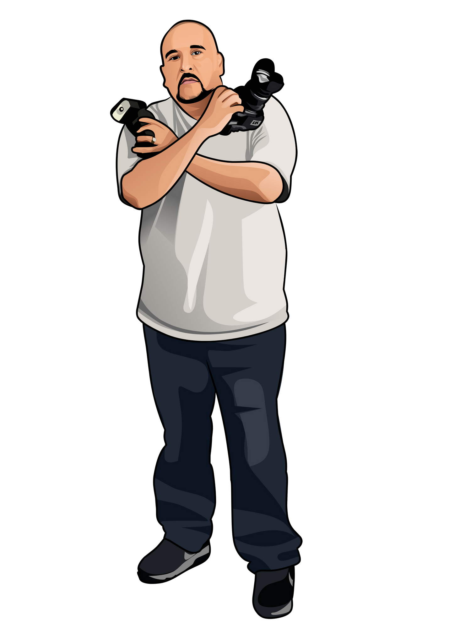 Illustration of photographer holding two cameras in casual attire against white background.