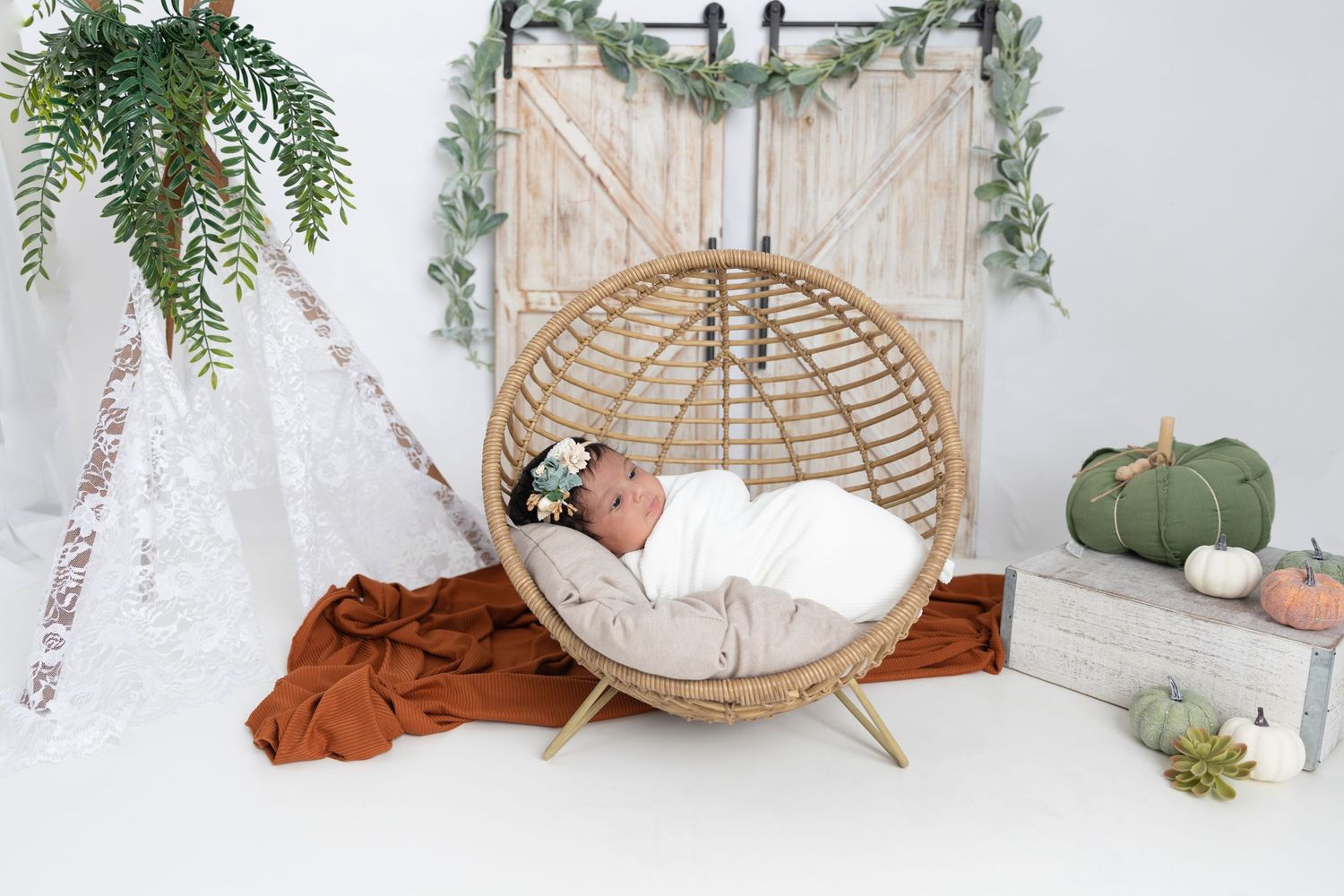 Modern nursery scene with hanging rattan chair, ferns, and rustic barn door backdrop.