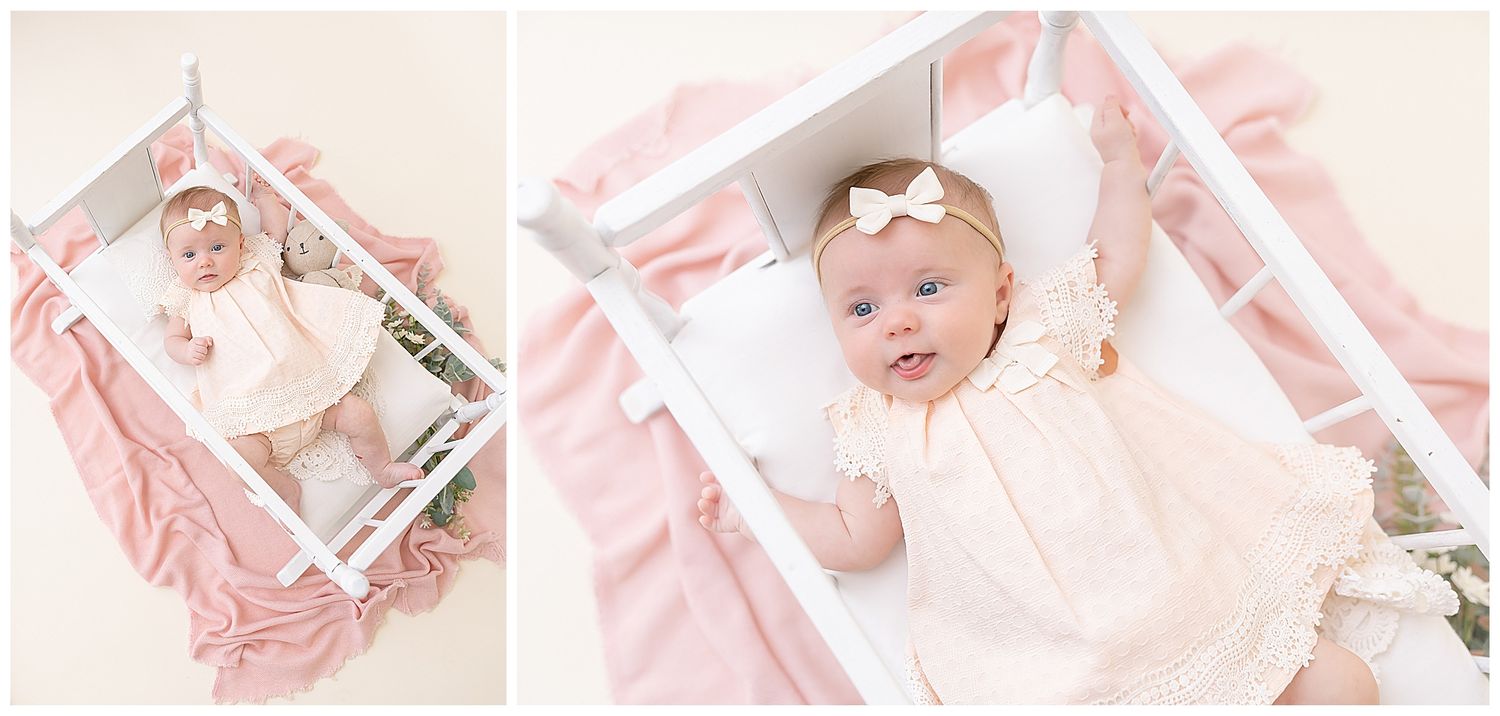 baby girl, white hairbow, cradle, pink fabric, baby photographer chattanooga, newborn photos, baby photos, maternity