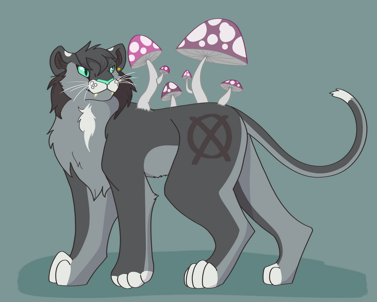 An illustration of a grey saber toothed tiger with purple mushrooms growing out of their back