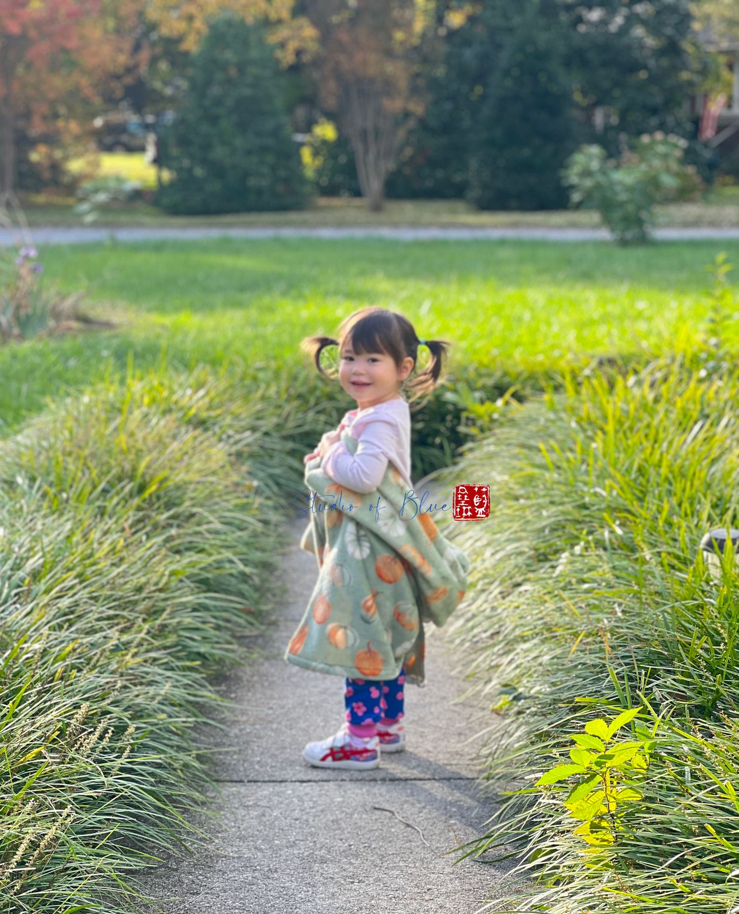 A young child in a floral dress stands on a garden path surrounded by ornamental grasses.