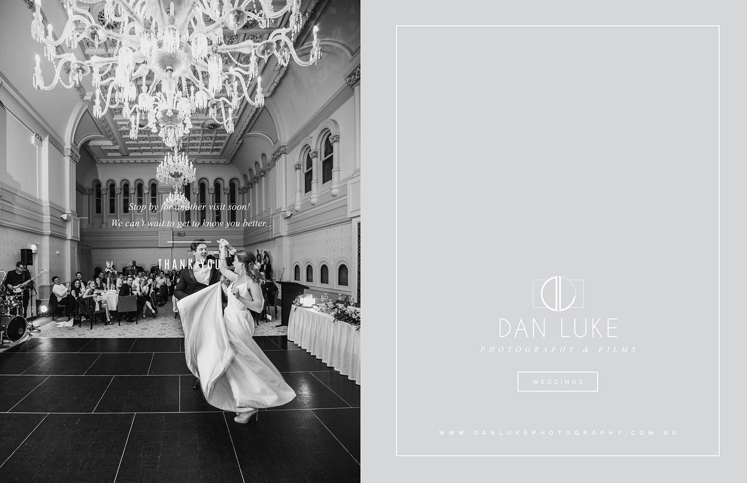 Elegant ballroom wedding photos with crystal chandeliers in black and white.