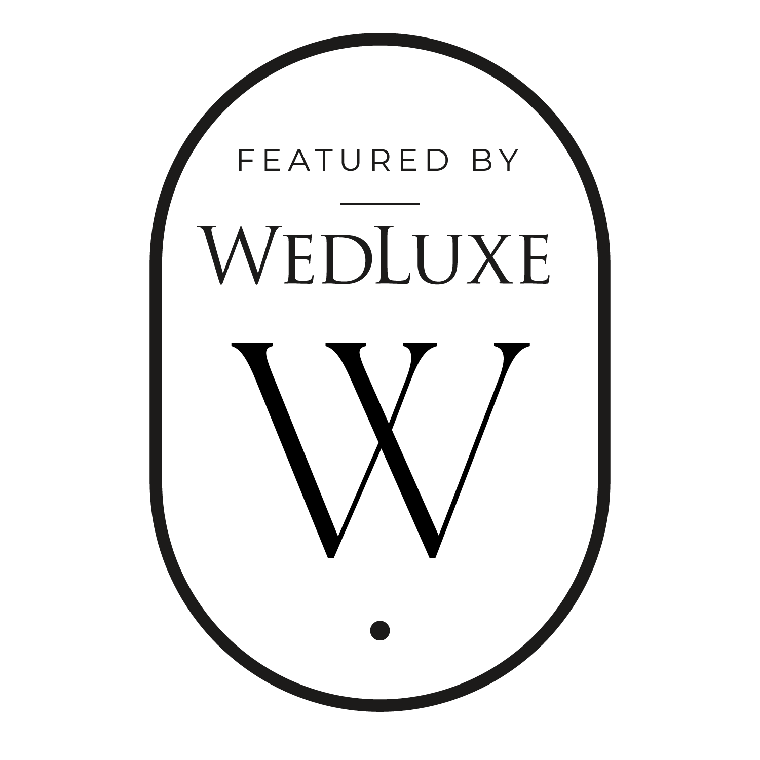 Black oval logo badge reading 'Featured by Wedluxe' on dark background.