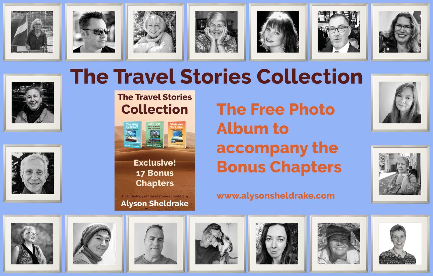 The Travel Stories Collection by Alyson Sheldrake with contributor photos and free bonus chapters photo album.