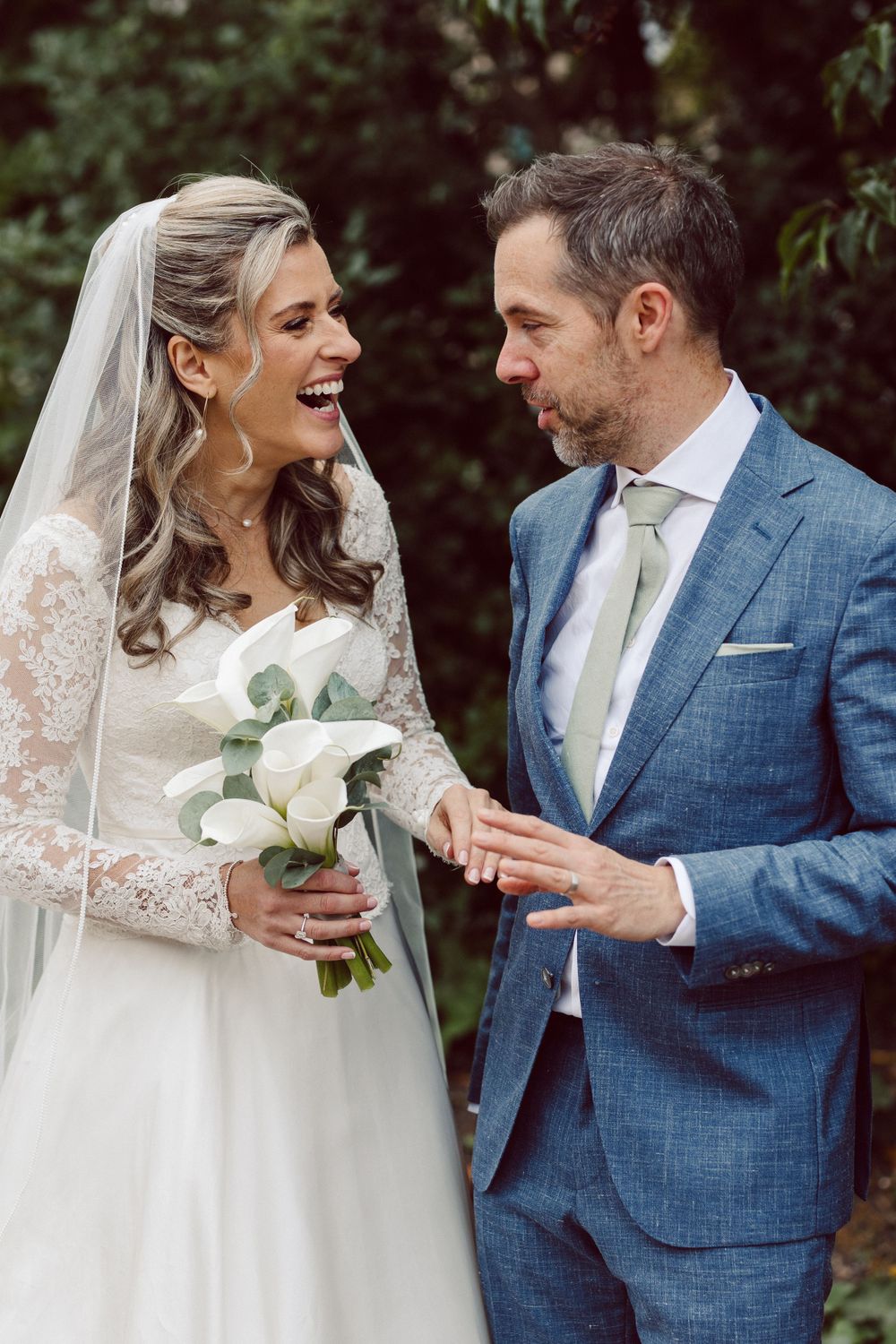 Series of candid moments between newlyweds showing joyful laughter and connection.