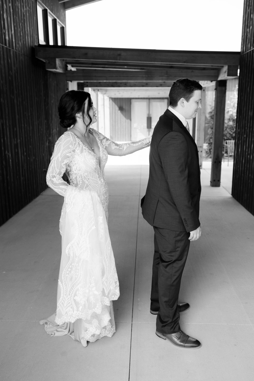 First look during wedding at Jorgensen Farms in Westerville, Ohio.