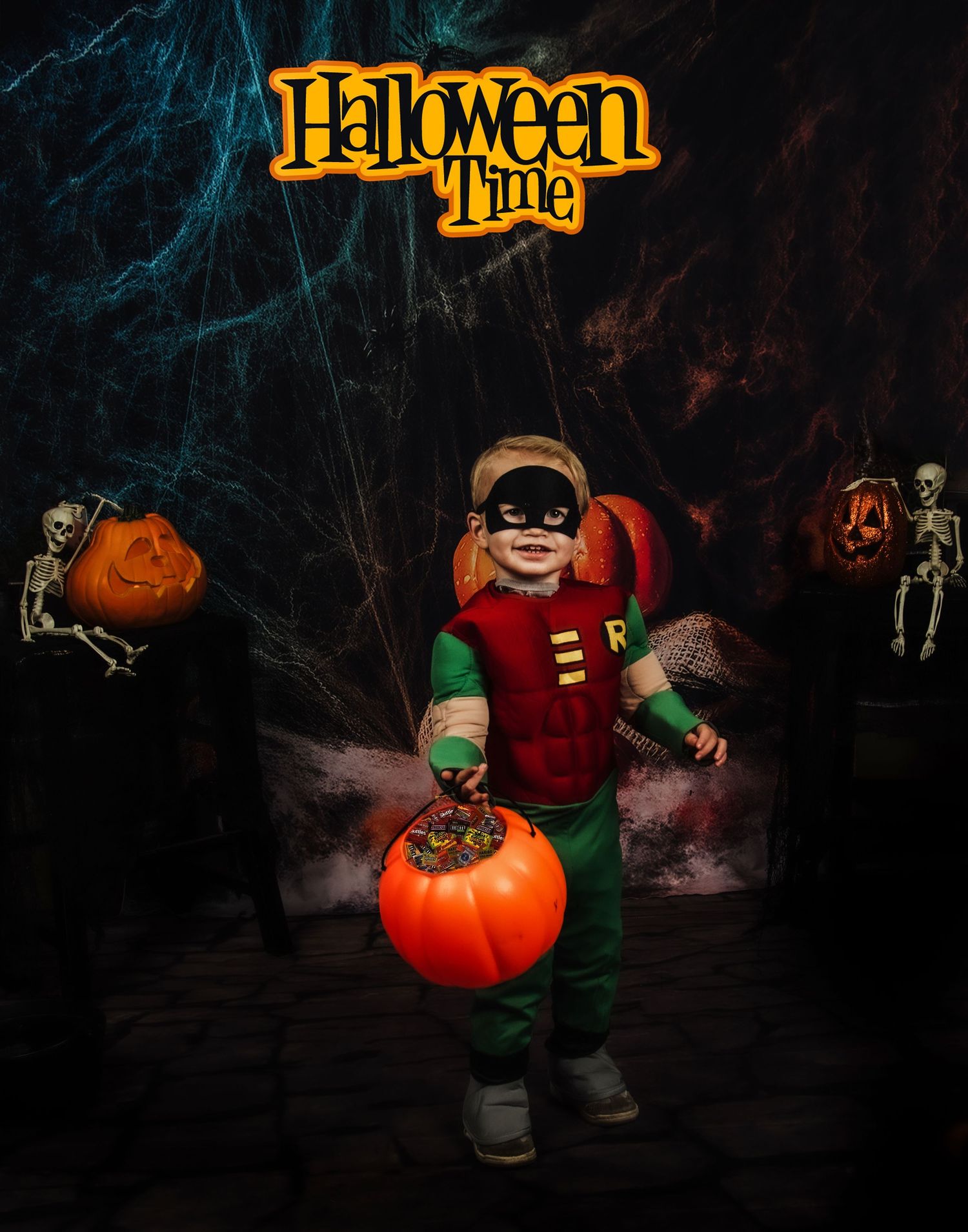 Superhero costume with pumpkins and skeletons against a spooky Halloween background.