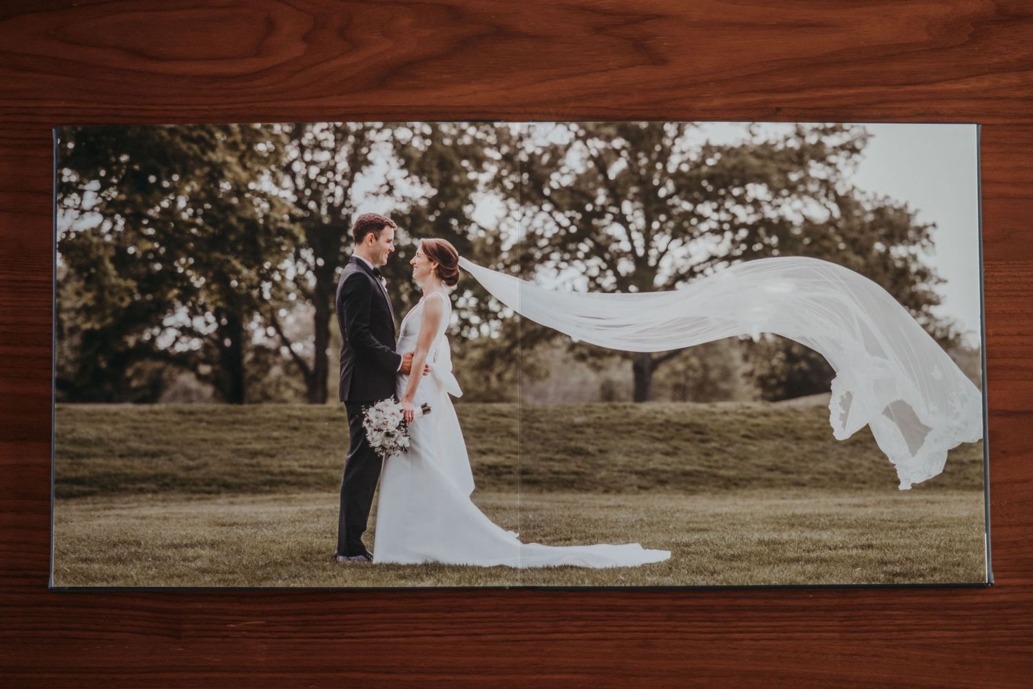 A wedding portrait in a rustic outdoor setting with a flowing veil dramatically caught in the wind showing the panoramic lay flat binding.