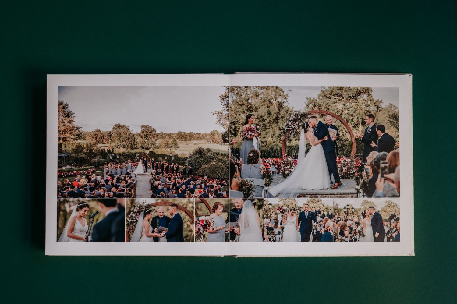 An outdoor wedding ceremony photo album spread showing a large crowd gathered to celebrate on a sunny autumn day at Park Savoy.