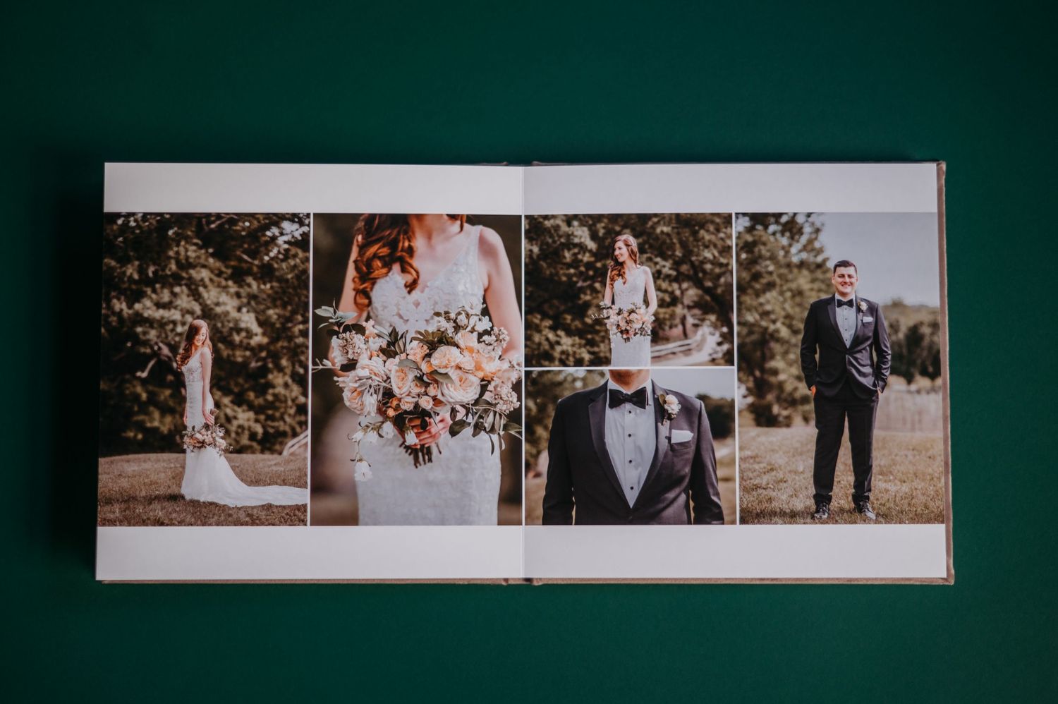 Wedding album with multiple photos showing couple portraits and bouquet details in warm autumn tones at Bear Brook Valley.
