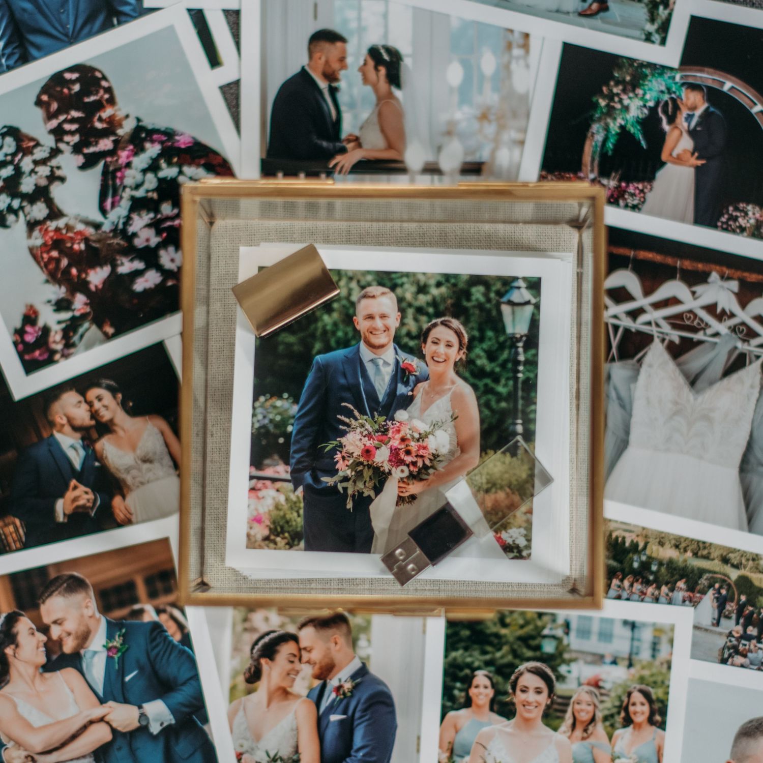 A collage of wedding photos in vintage frames showing couples in romantic poses and special moments on their special day.