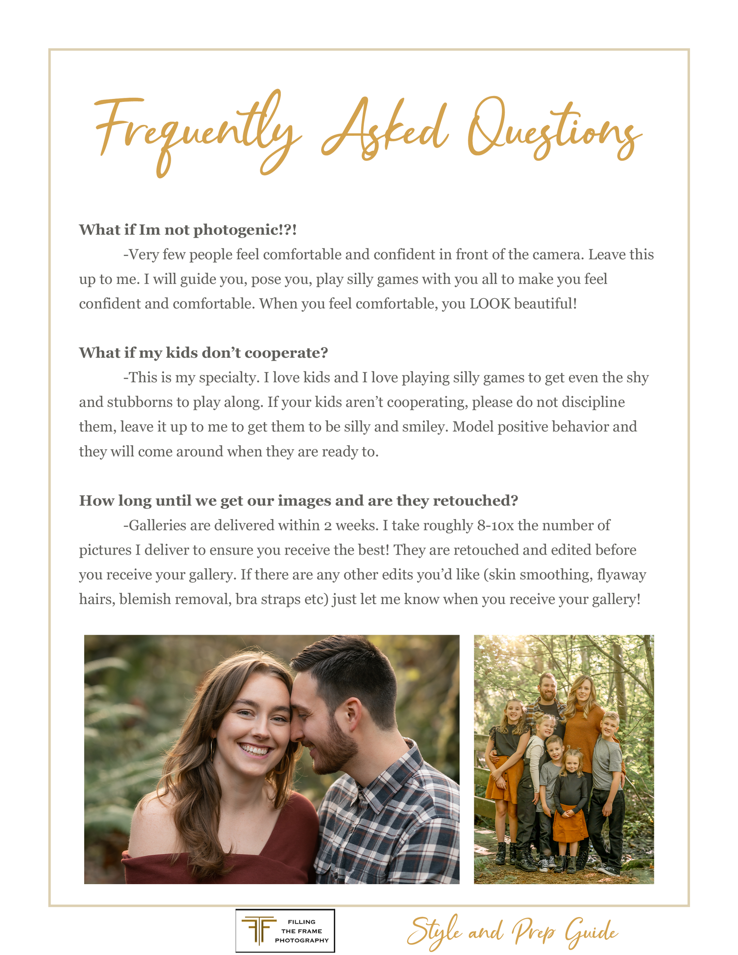 Photography session guide with style tips and frequently asked questions.