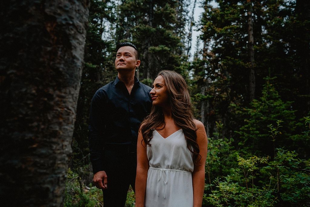 A joyful dance together on a mountain trail surrounded by pine trees.