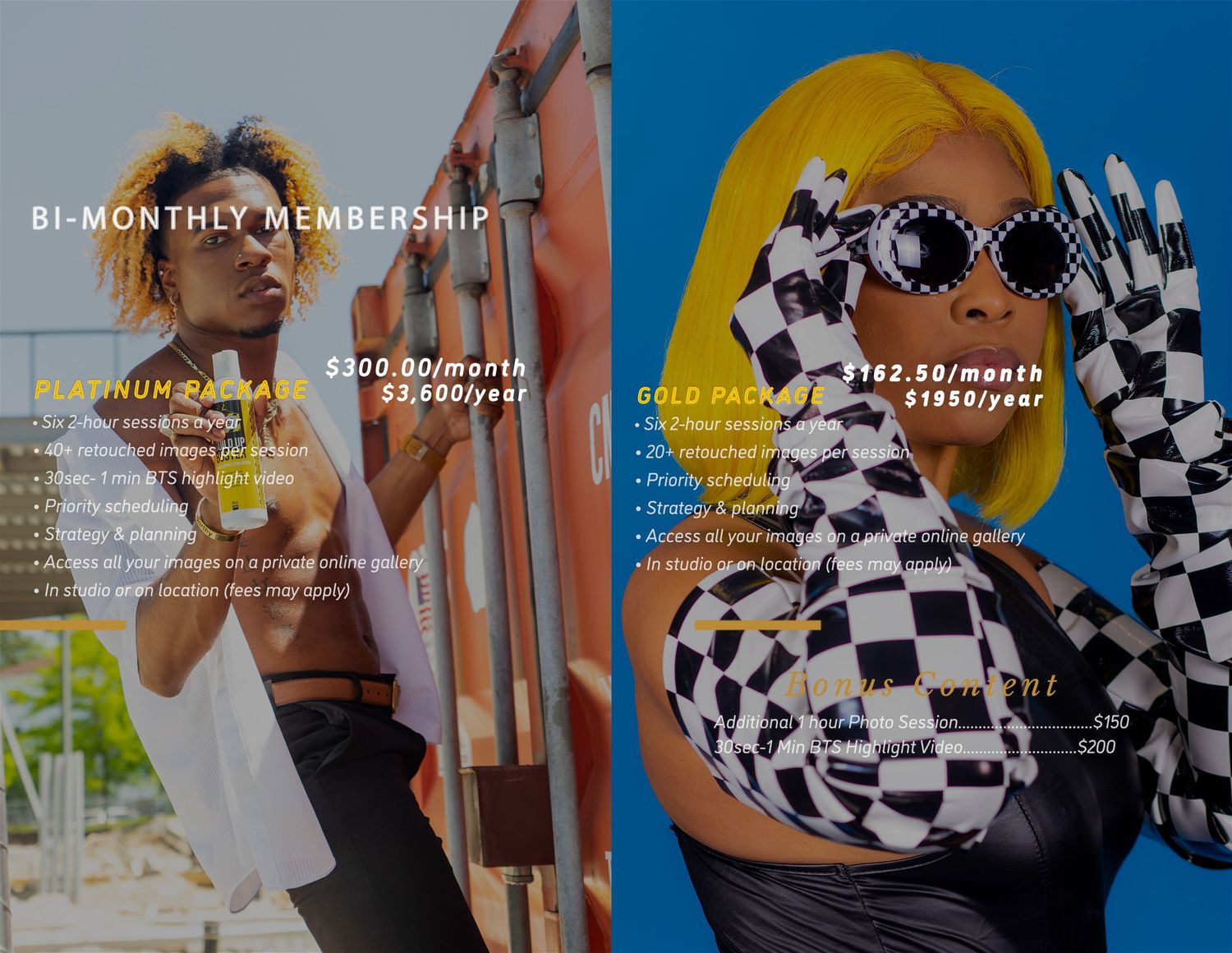 Bi-monthly membership advertisement with models in yellow and checkered fashion looks.