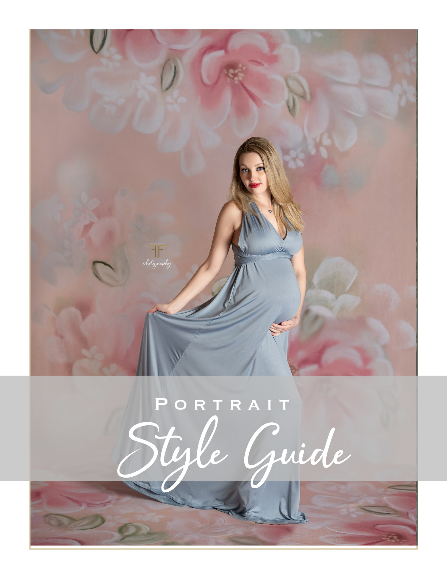 Photography style guide showing model poses in a gray dress against floral backdrop.