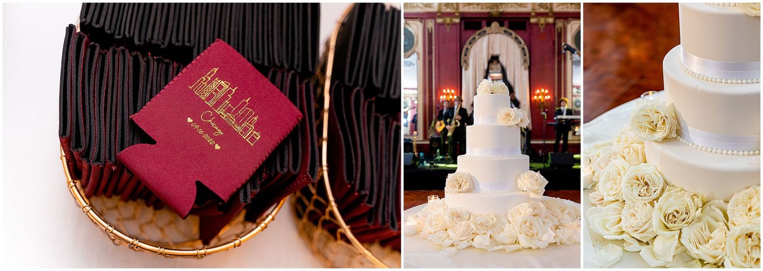 Wedding detail collage featuring red coozies, ceremony setup, and a classic white wedding cake.