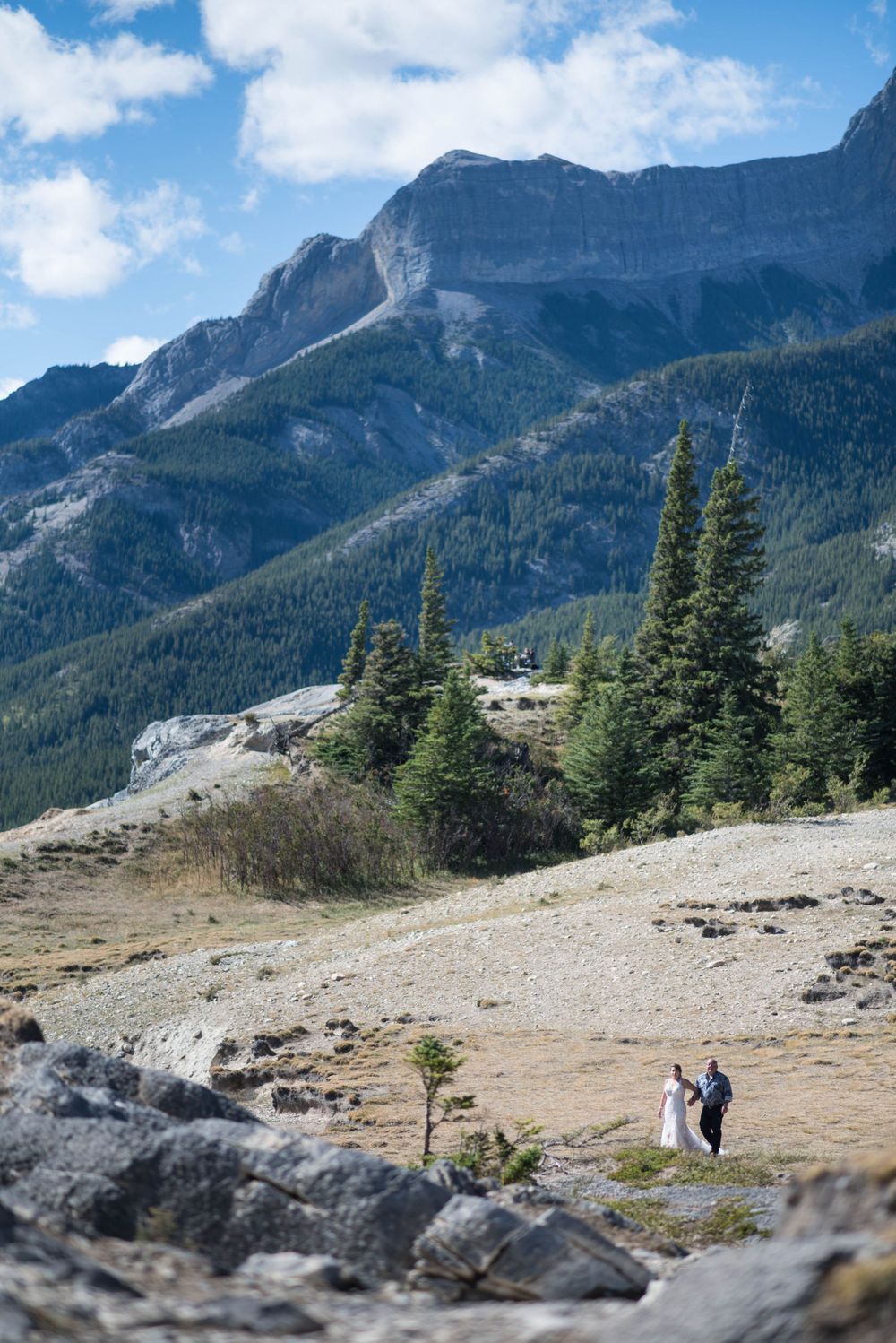 A mountain wedding ceremony location with dramatic rocky peaks and evergreen trees in the backdrop.