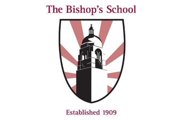 The Bishop's School shield logo with red sunburst and clock tower design.