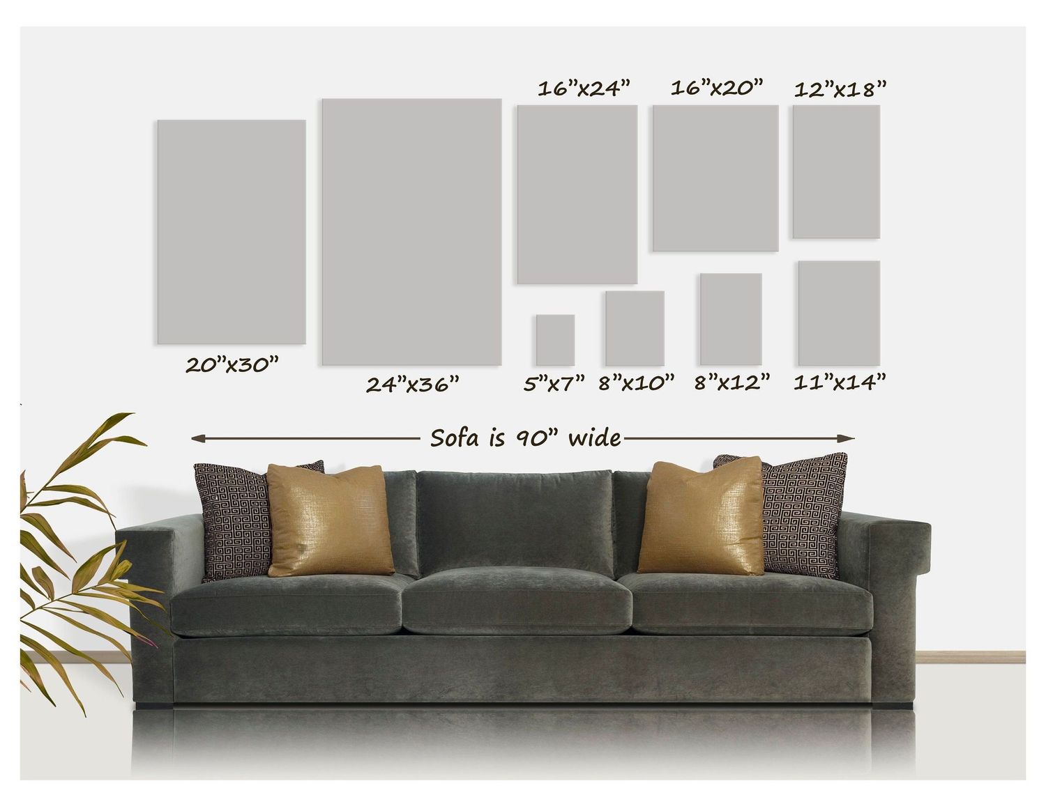 Furniture size guide showing dimensions of modern gray sofa.