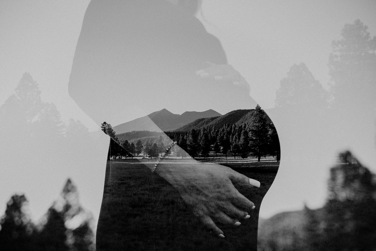 A black and white double exposure photograph showing mountains and trees.