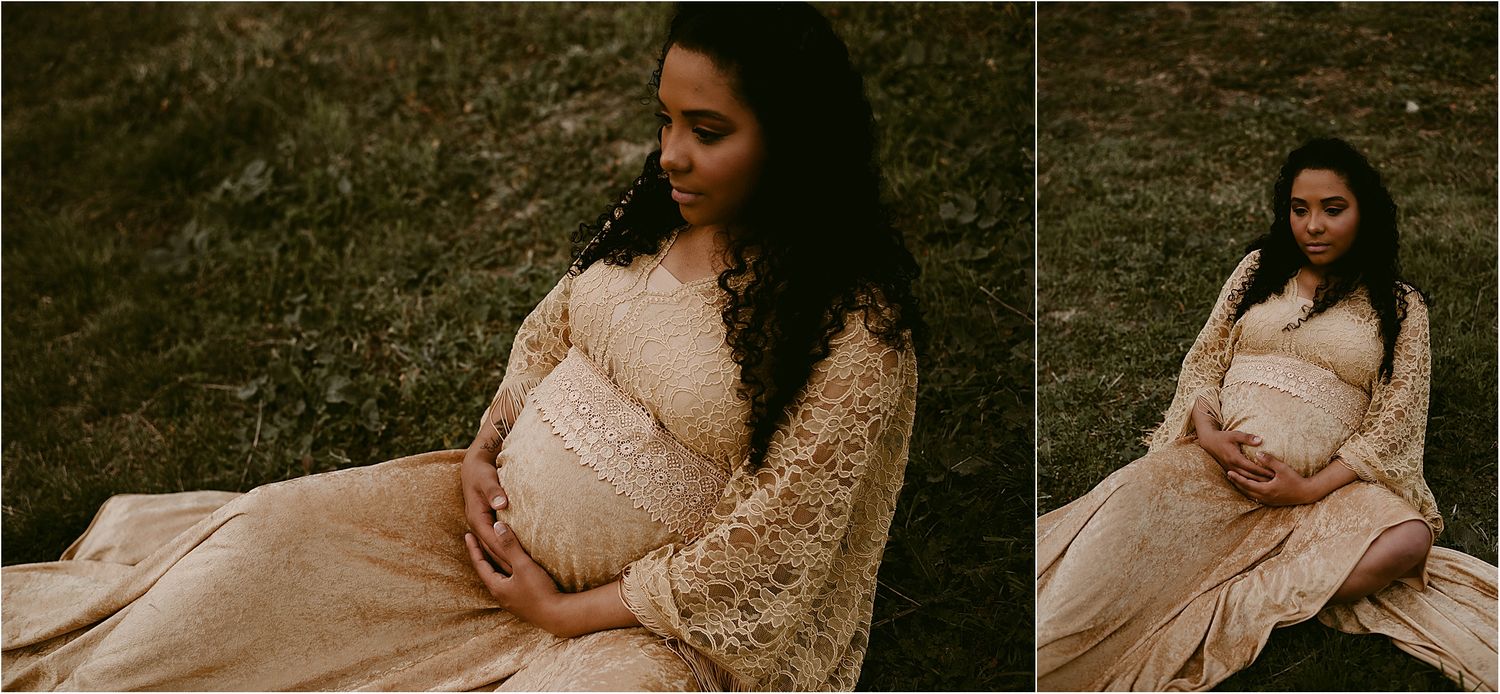 Beautiful maternity photo shoot in a cream lace dress with moody lighting and natural outdoor setting.