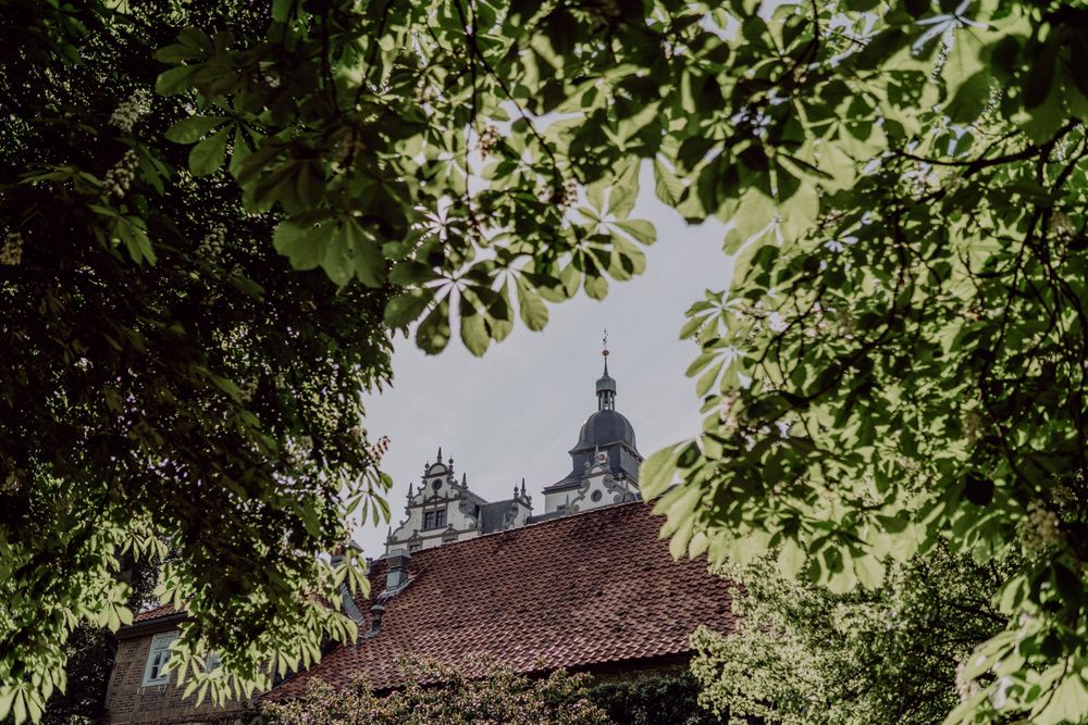 Historic church dome and spires visible through green leafy branches framing the architectural view.