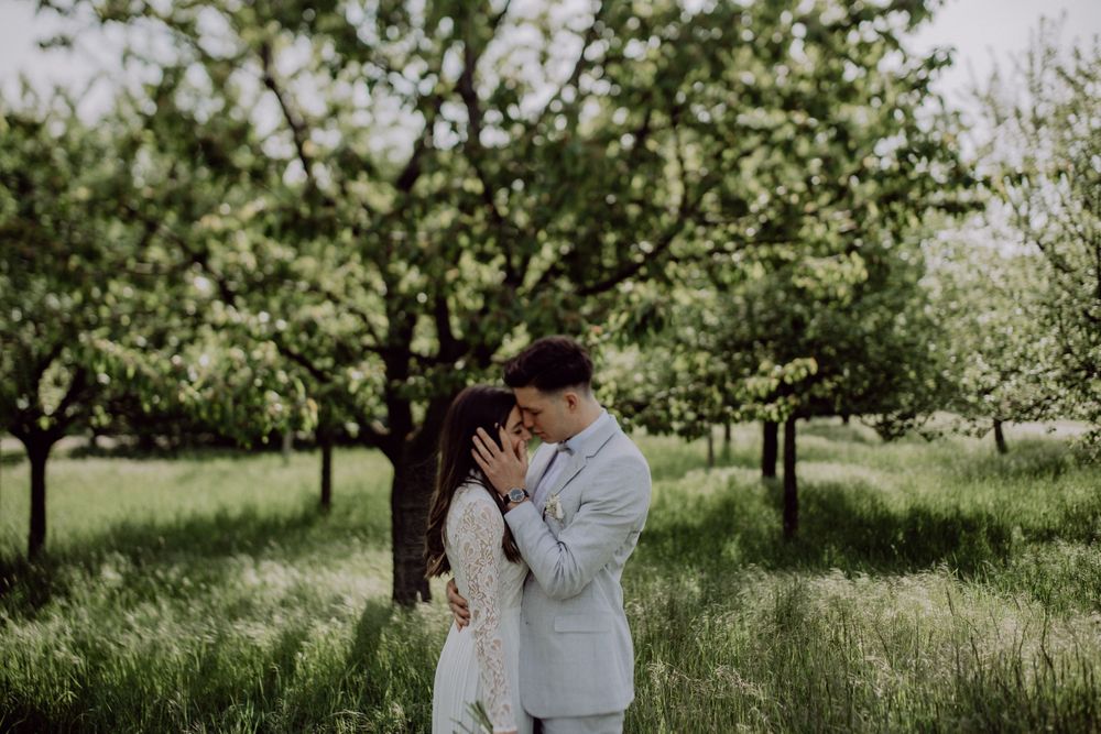 Romantic wedding portrait in an orchard with soft natural lighting filtering through trees.