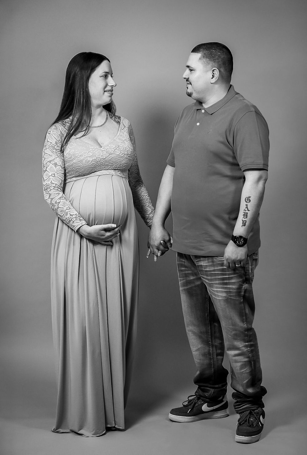 Sequential photos of a couple in formal attire posing together in studio setting.