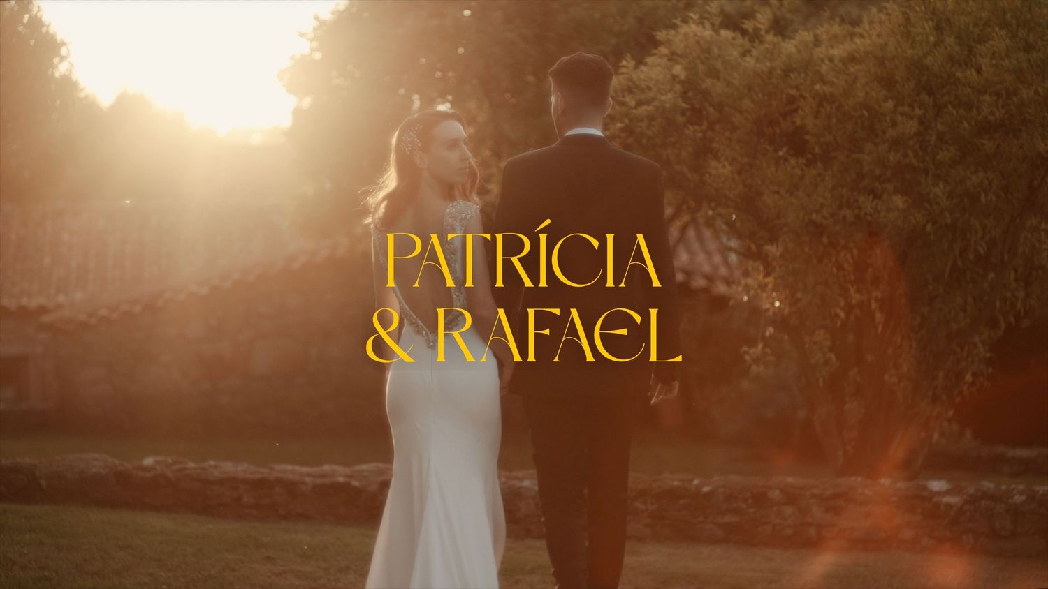 Elegant wedding couple silhouetted against golden sunset with text overlay.