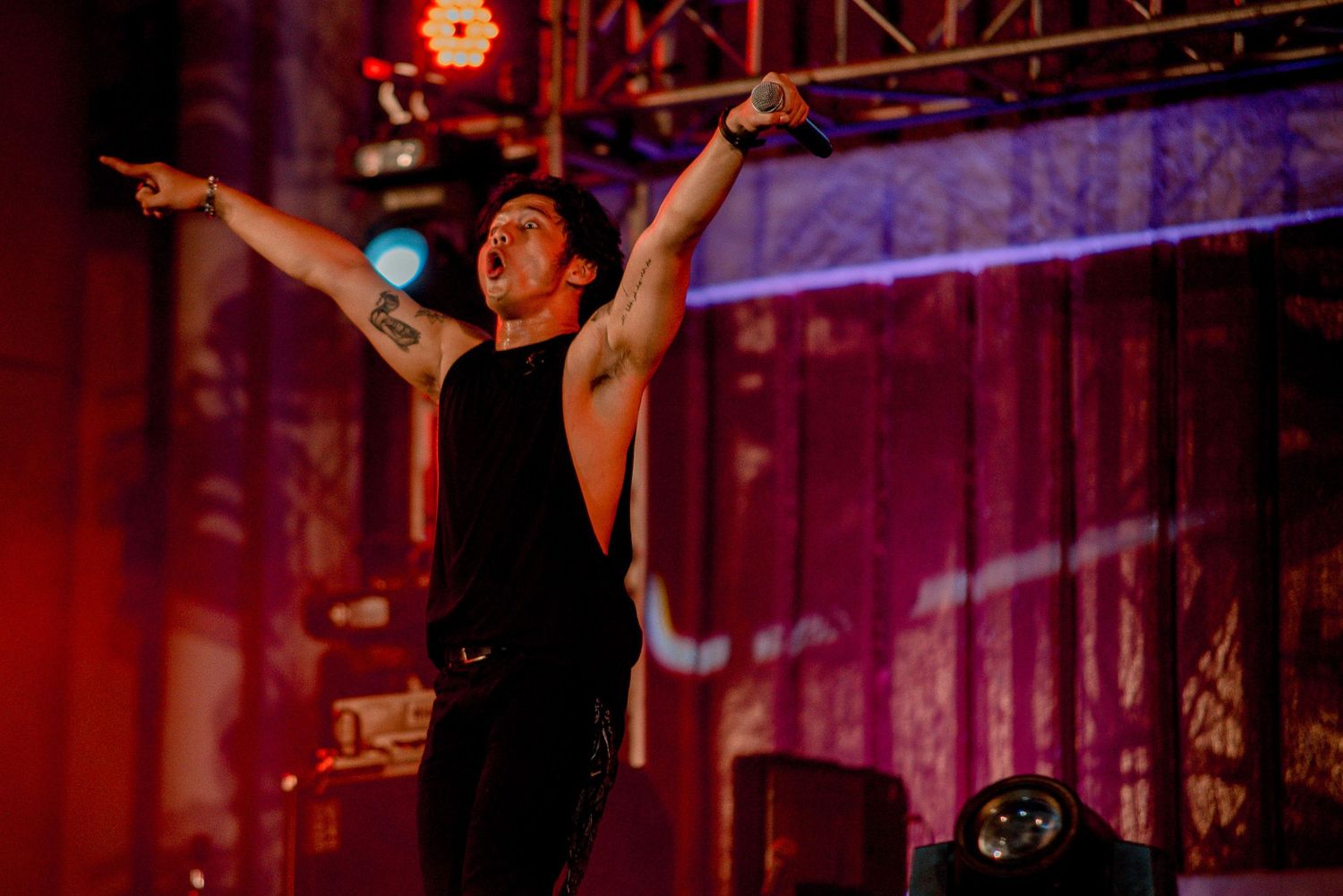 Performer strikes dramatic pose on stage bathed in red concert lighting.