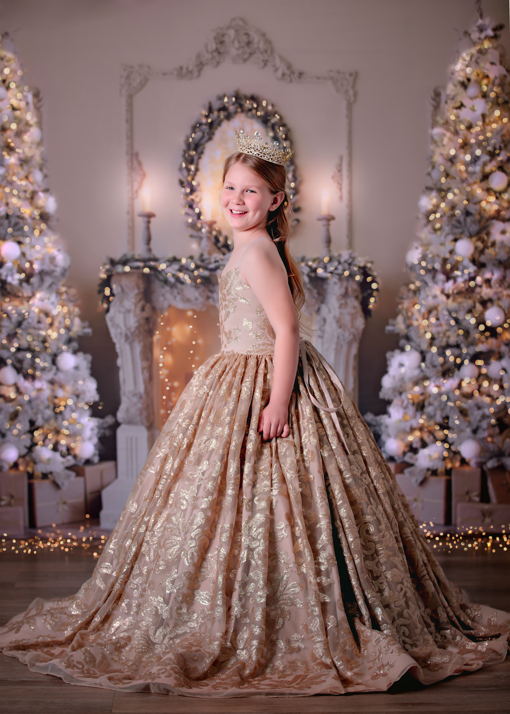 Golden Christmas Dream Dress Session featuring a girl wearing a crown and long gold sequin couture gown.