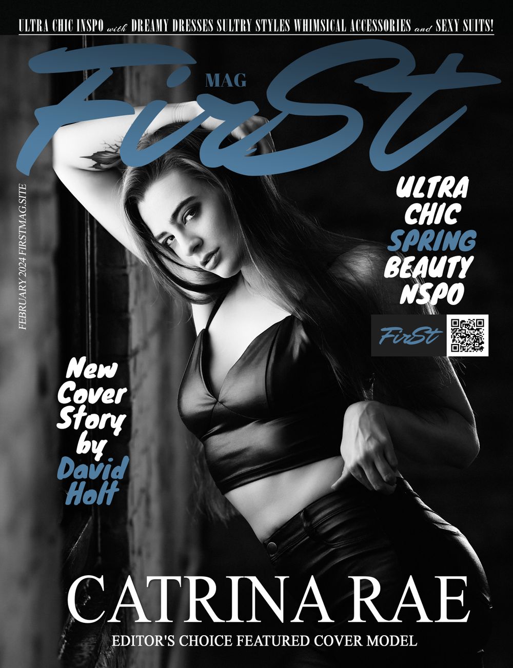 David G Holt Photography - Fashion magazine spread with moody lighting and blue accent typography.