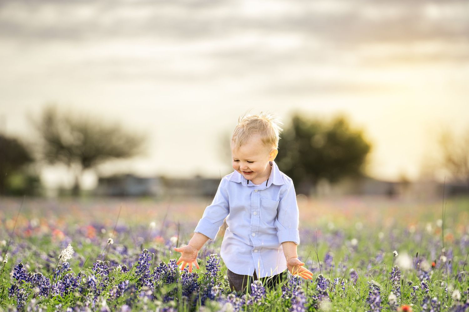 toddler boy wearing blue shirt smiling while walking through a field of wildflowers