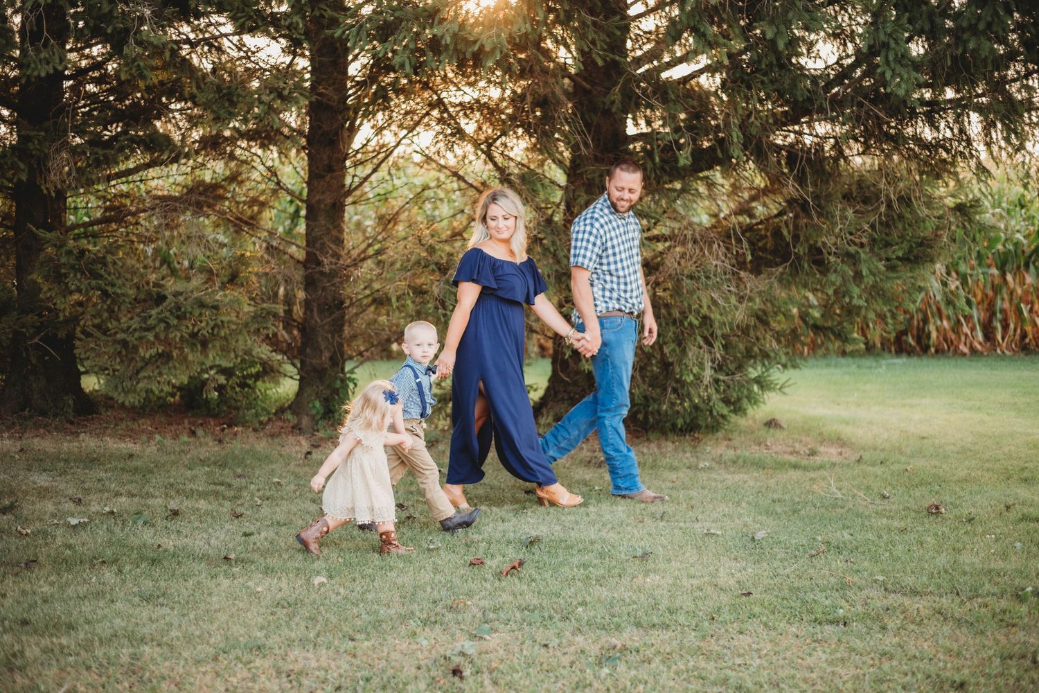 family photo, golden hour, along trees