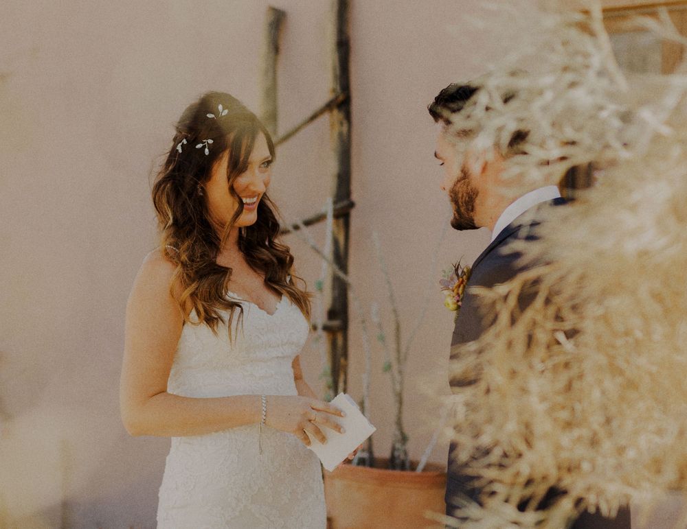 Rustic boho wedding first look in the dessert