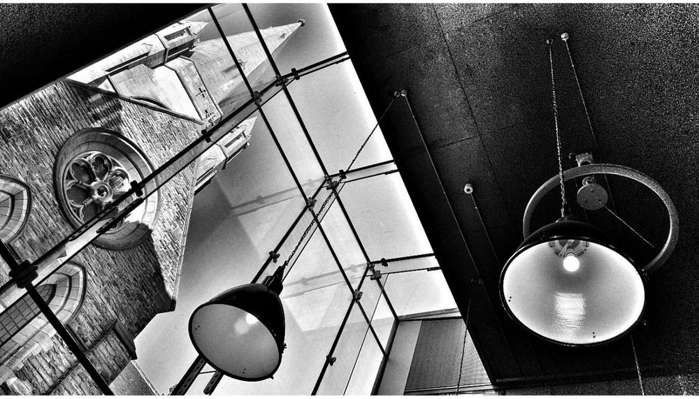 paul heaney photography looking up at church through window of caffe nero laidlaw library university of leeds woodhouse