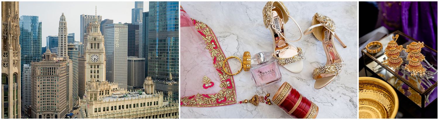 Collage of city architecture and wedding details including shoes and decor.