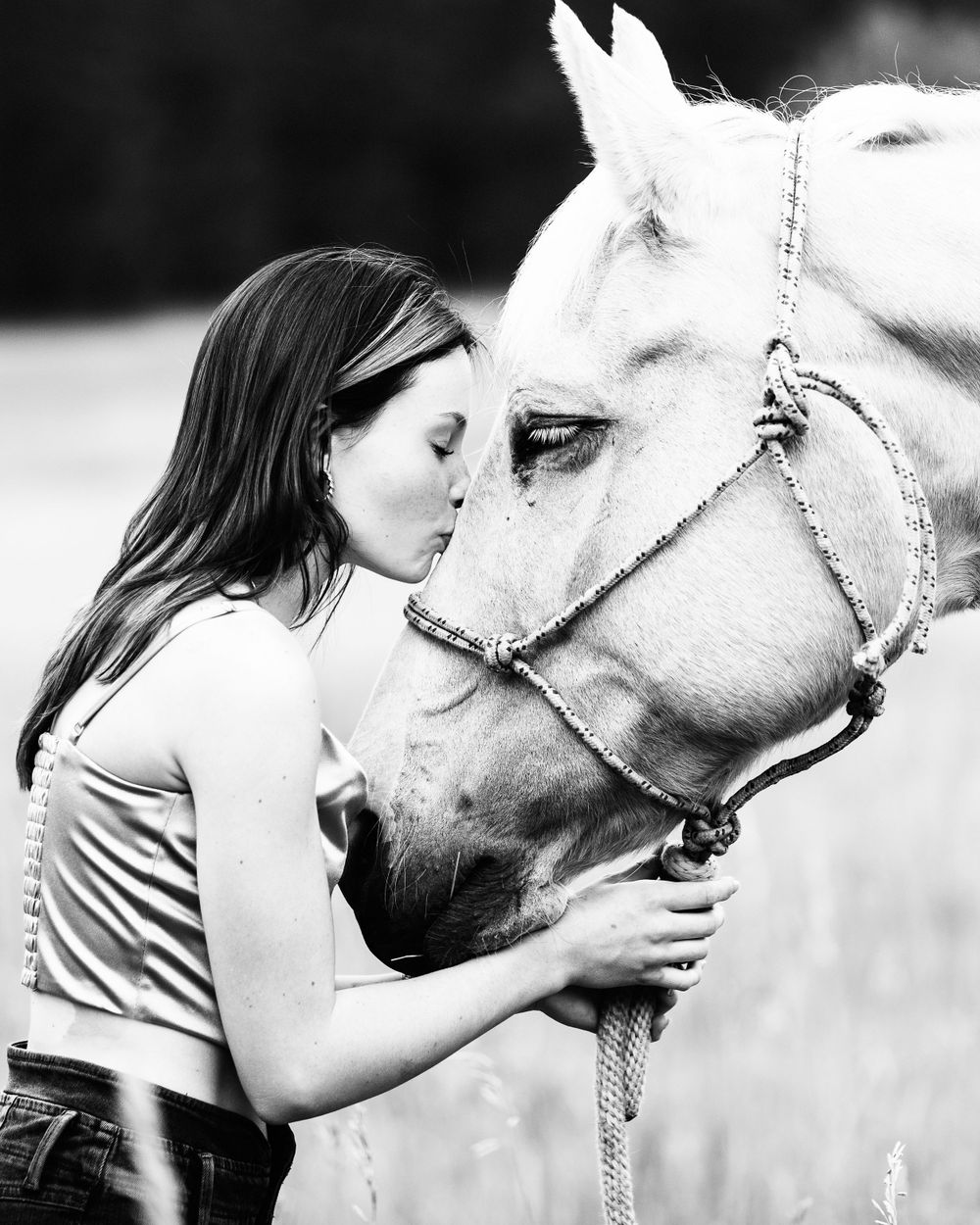 Intimate black and white portrait of person sharing tender moment with white horse.