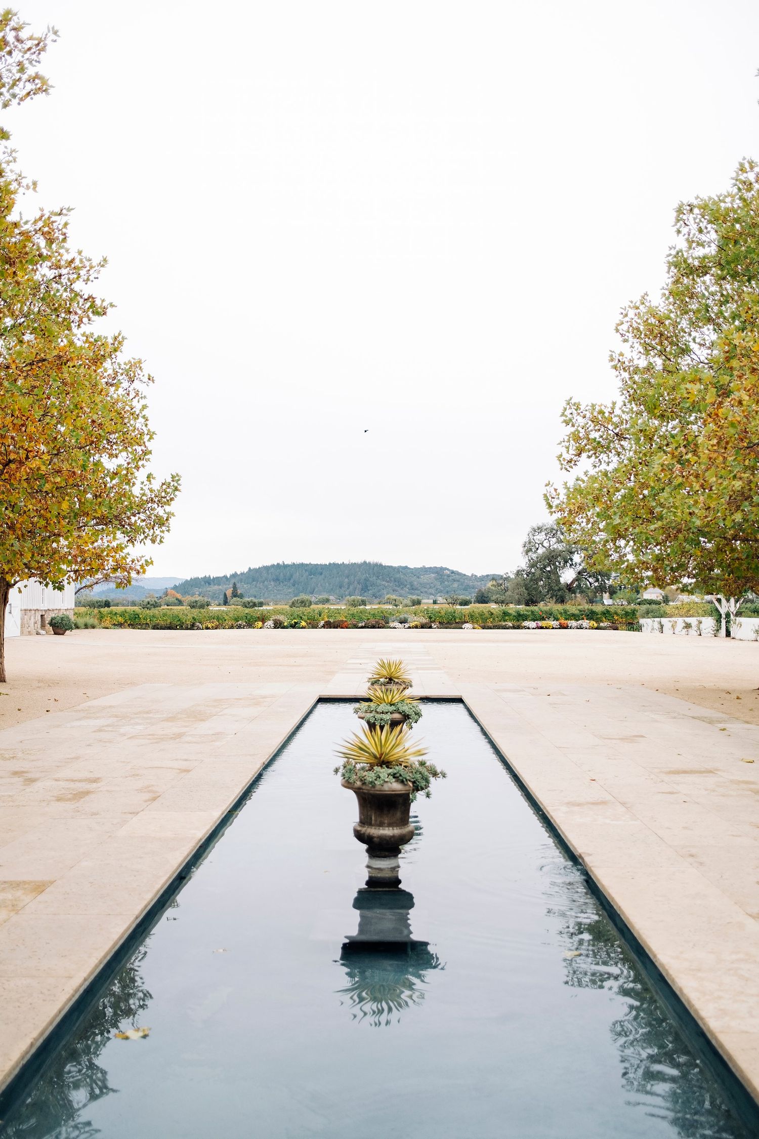 A fountain near the rustic red barn