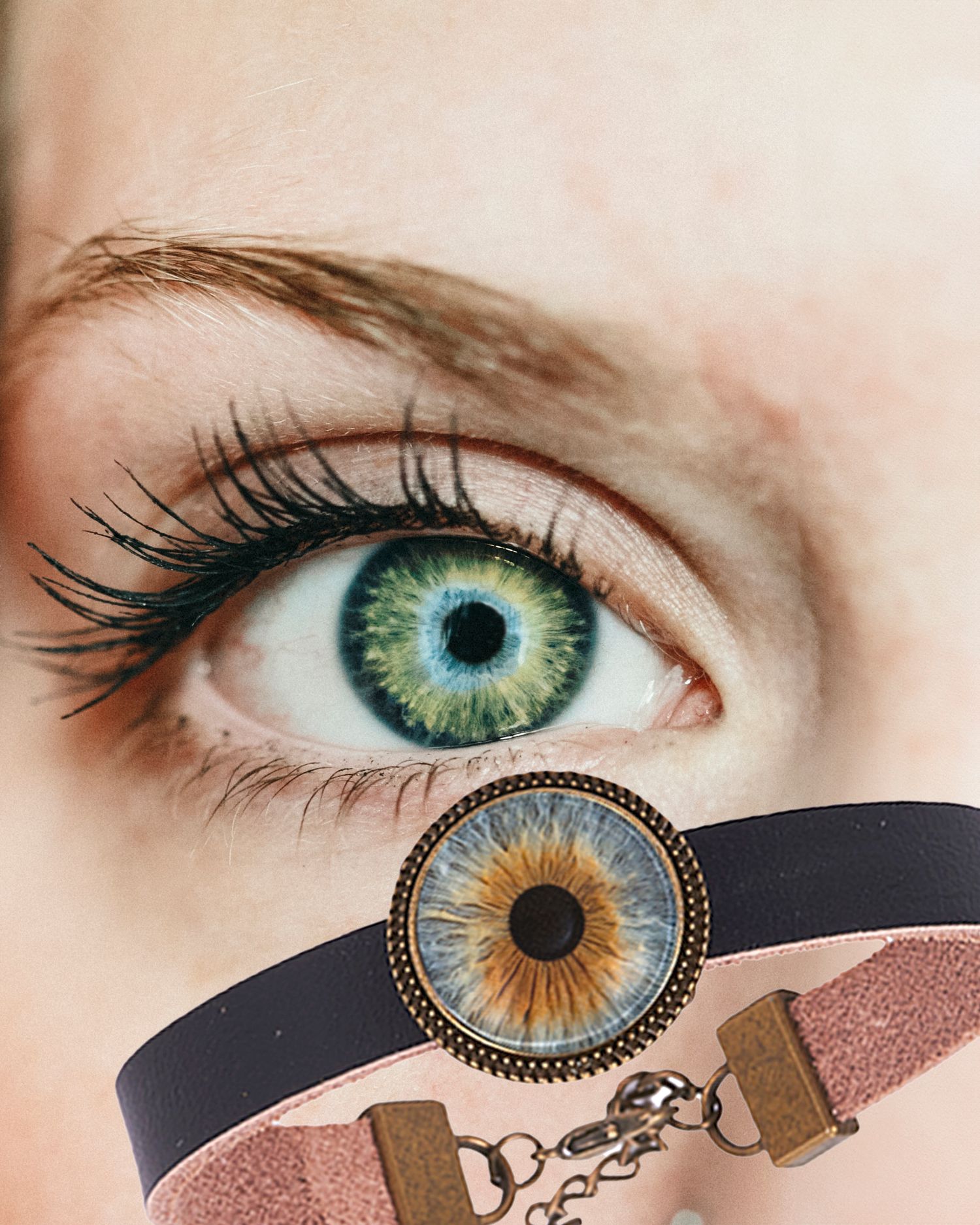 Close-up of green eye with matching iris bracelet below.