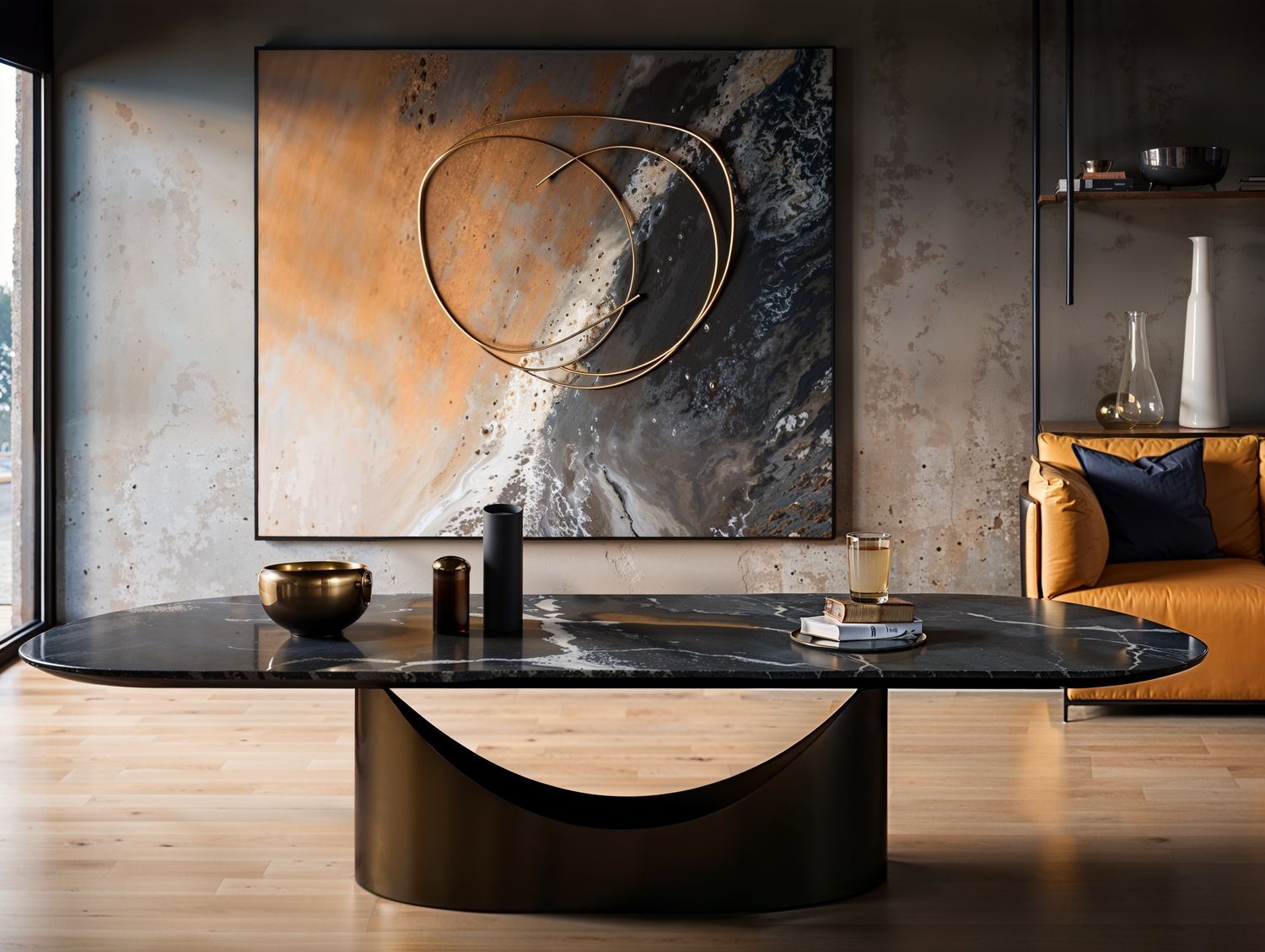 Contemporary living space with abstract circular artwork and curved coffee table.